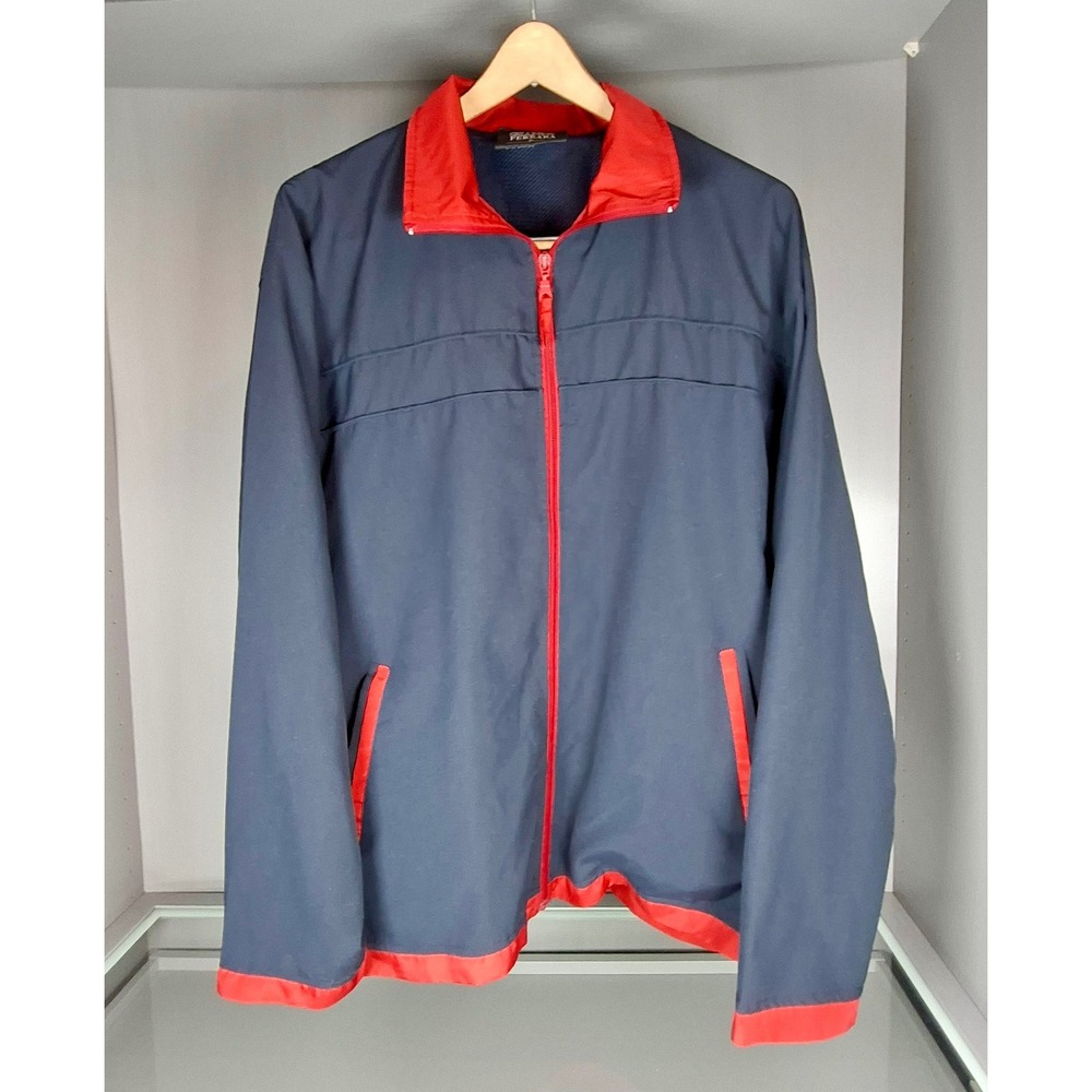 Mens L Navy Red Full Zip Jacket Lightweight Windbreaker Sporty Coat Colorblock - Picture 1 of 7